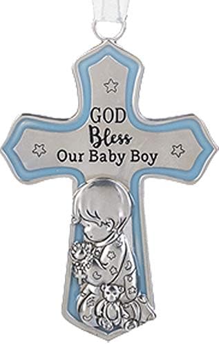 Ganz U. S. A., LLC Декоративен Кръст за Креватче с Бяла Лента, за Момче за Кръщение, Кръщенета, Душата на Дете, Боже, Благослови Нашето Момче