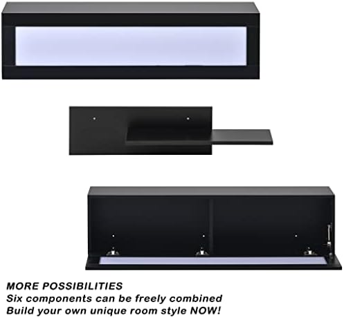 стенни плаващ поставка за телевизор с led подсветка и 4 шкафове за съхранение на мултимедия и 2 рафтове за
