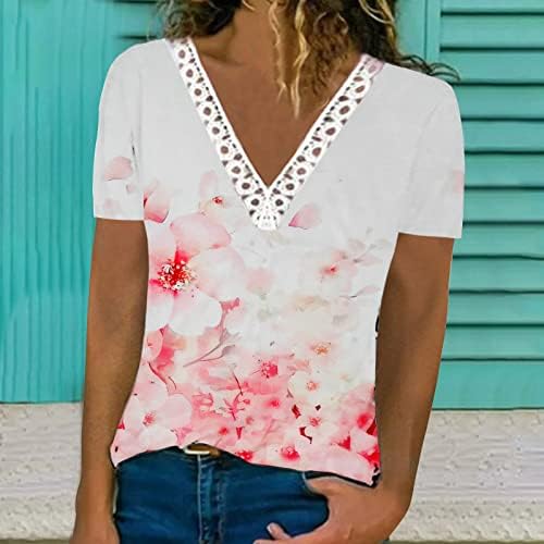 Блуза с Цветен Модел, Тениска за Момичета, Лято-Есен 2023, Къс Ръкав, Дълбоко V-Образно Деколте, Лейси Памучен