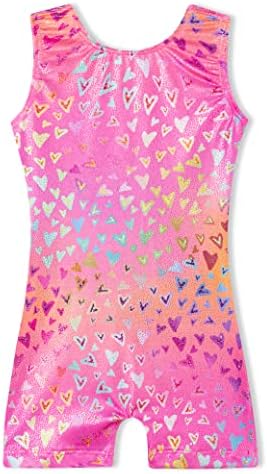 Гимнастически Трика Domusgo За Момичета Възрастта От 8-9 Години, Блестящ Розов Бански Hotpink Nenon Love Heart Soft Pro в Цветна Ивица, Бикини с Къси панталони за Деца, Подаръци