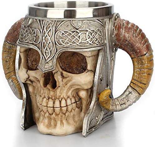 SciencePurchase Чаша-Скелет на Викинга с Роговыми дръжки - Чаша От неръждаема Стомана с Капацитет 17 Унции - Готическа Средновековна