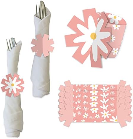 Голяма точка щастие Розови цветя Маргаритки - Държач за Хартиени Салфетки с цветен Модел за парти - Пръстени за салфетки