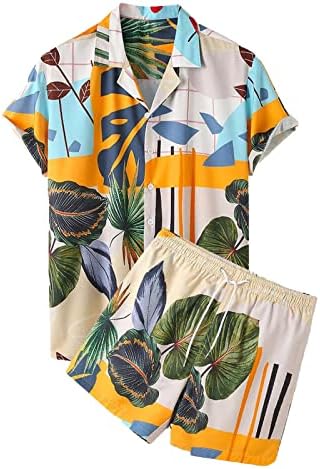 Мъжки Ризи с Къси ръкави, къси Панталони, Комплект от 2 теми, Празнична и Лятна Блуза в Хавайска Ивица С Принтом, Блузи, Панталони,