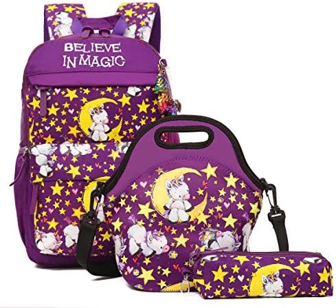 Debbieicy Сладък Лека раница Принцеси с Единорогом, Детска, Училищна чанта за книги с кожена чанта за Обяд, Чанта