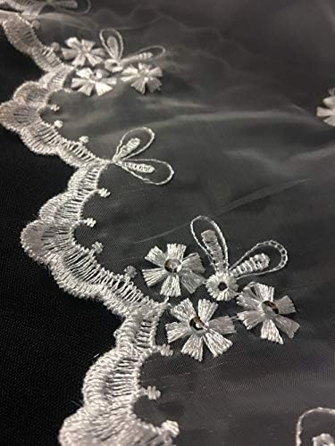 Сватбена бродирана кърпа от органза с дизайн Букет ромашек, двоен кант, ширина 52 инча, Бяла със сребристи пайети, за Причастие,