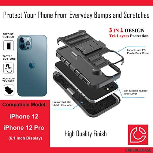 Калъф Ohiya е Съвместим с iPhone 12 Pro [Защита от военен клас, Ударопрочная Сверхпрочная кобур-стойка, Защитен Черен калъф за iPhone 12 с 6,1-инчов дисплей (Hamsa)