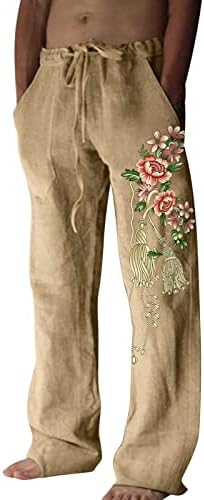 MIASHUI и Панталони за Йога, Мъжки Модни Ежедневните Интересни Памучни Панталони дантела с джобове и принтом, Панталони