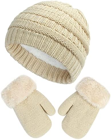 Комплект Зимни шапки с варежками за деца - Детска Топло руното Вязаная шапчица-Бини и Дебели Ръкавици, Ски