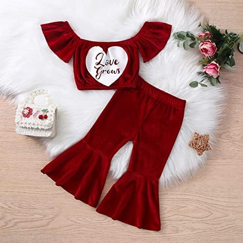 synia /Комплект дрехи с дълги штанами и къси ръкави с принтом в Свети Валентин за малки момичета Есен-Зима (Червен,