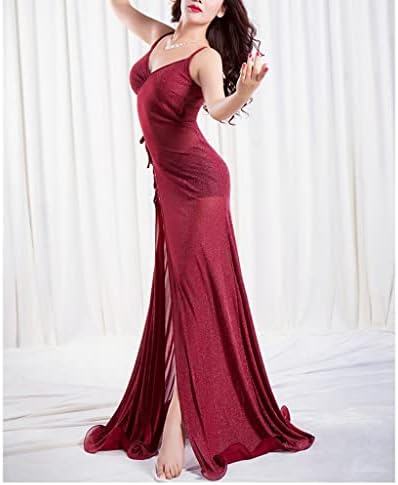 PDGJG Дамски дрехи за танц на Корема, Дълга рокля, за да се изяви на сцената, секси вечерна рокля за Салса, Бална рокля, за да сцена (Цвят: червен, размер: код L)