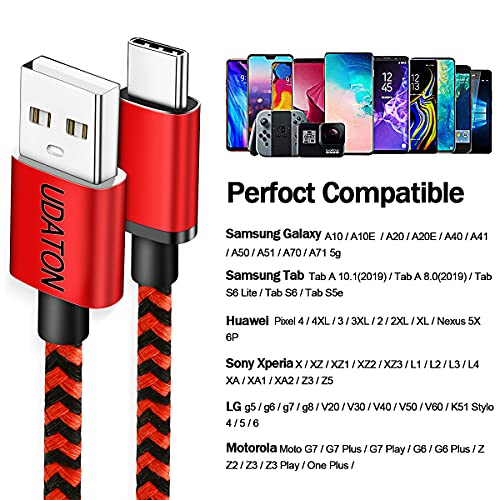 Кабел UDATON USB Type C, за бързо зареждане 3A, [2 опаковки по 10 фута] Кабел за зарядно устройство с найлон оплеткой от USB A до C USB, Съвместим с Samsung Galaxy S21 S22 S10 A10e A20 A20E A51 Plus S10E, Note 20