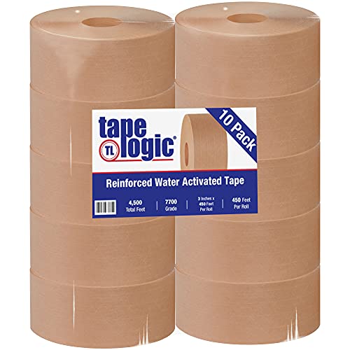 Tape Logic (10 роли) 3 инча x 450 Фута, Подсилена Залепваща Опаковане лента от крафт-хартия, Активируемая вода,